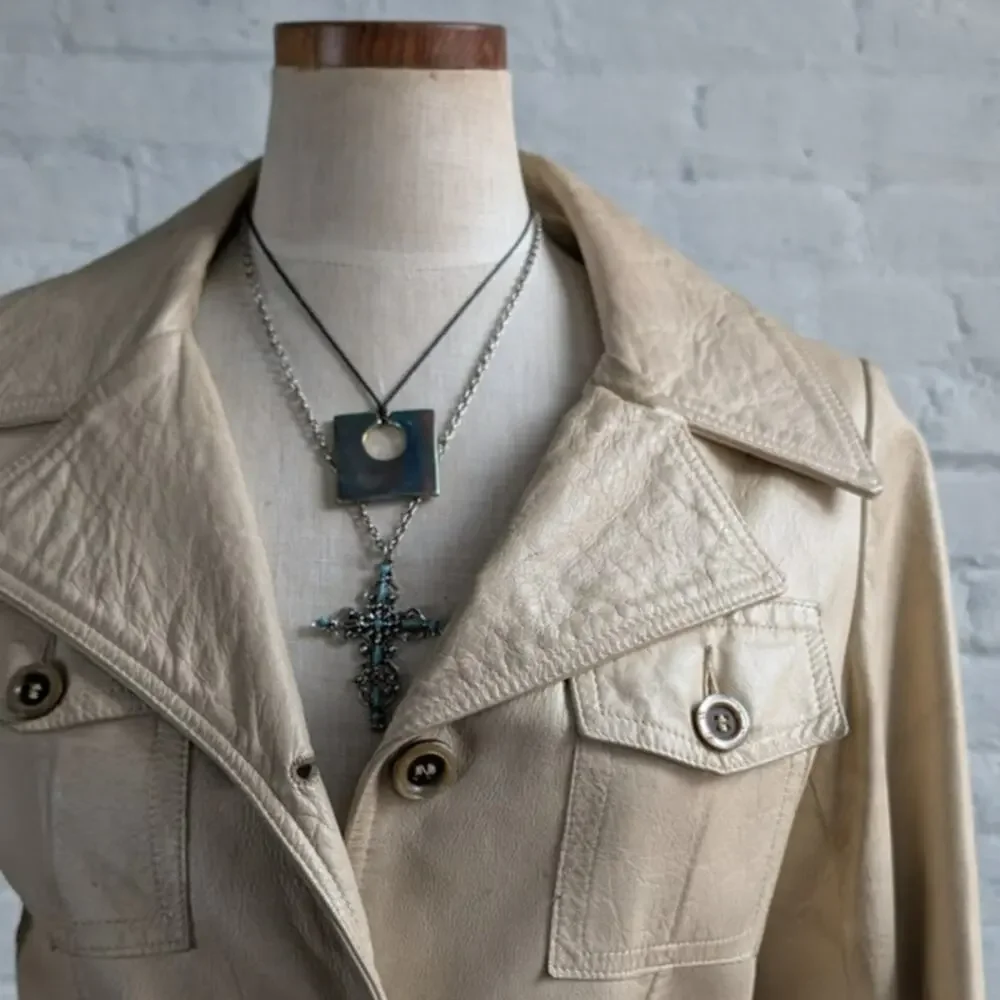 70s Vintage White Genuine Leather Trench Coat Minimalist Boho Moto Biker Jacket - Picture 4 of 8
